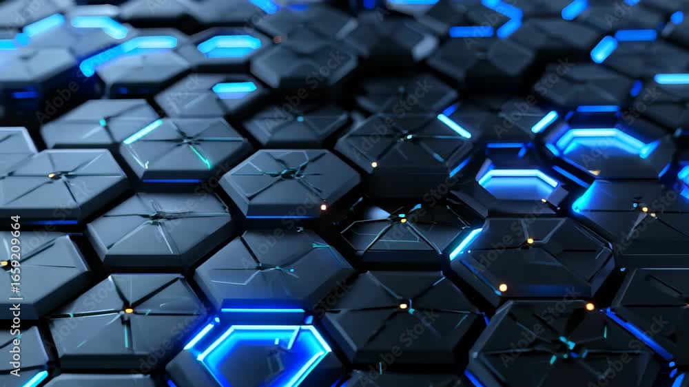 Aufkleber this image showcases an abstract pattern of hexagonal shapes with glowing blue lights against a blac