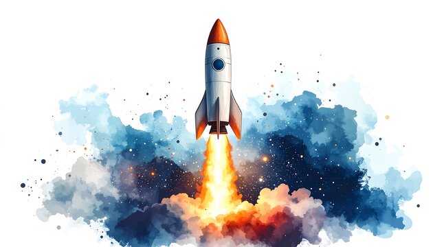 Rocket launch in vibrant watercolor