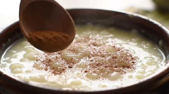 Creamy rice pudding topped with cinnamon