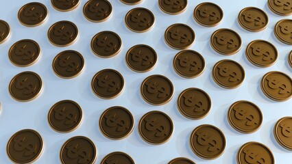 Obraz premium A 3d rendering of gold coins, each embossed with a prominent dollar sign, are neatly arranged in a grid pattern.