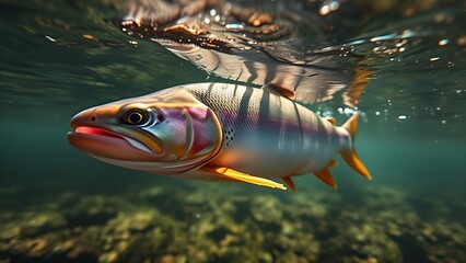 Underwater view of a trout in a clear river, sunlight filtering through the water creating a serene scene.