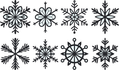 Vector art of collection of eight unique snowflake designs in black and white on a light blue background