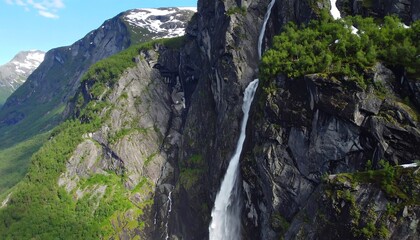 Obraz premium Mountain waterfall cascading down cliff face
