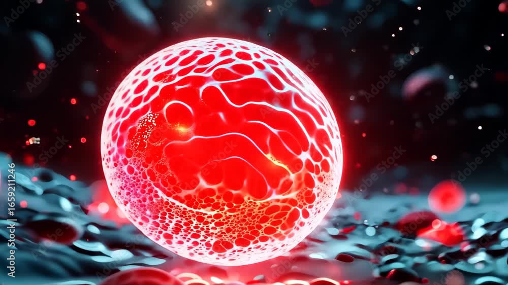 Poster this abstract image showcases unique cellular structures illuminated by striking red lighting, creat