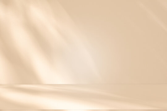 Studio style background wall decoration presentation uses white and beige tones. with shadows cast from a nearby window, concept creating a decorative backdrop