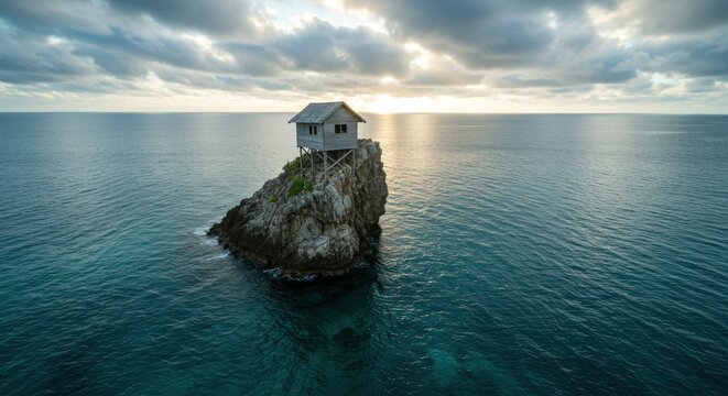 Solitary cabin atop rocky islet against a cloudy sunrise, surrounded by turquoise ocean - Powered by Adobe