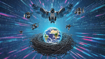 Baby Earth in a Nest with Robotic Birds Feeding It – Surreal Tech + Nature background and illustration. Ai generated.