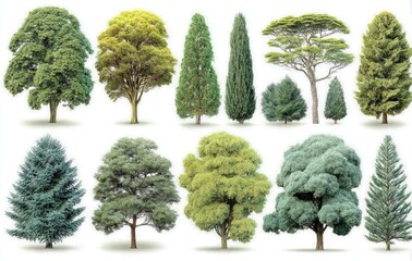 Collection of various tree species isolated on white