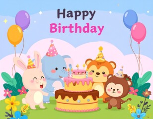 Fototapeta premium Cute animals celebrating a birthday