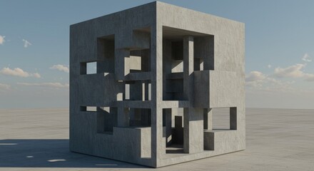 Abstract concrete cube structure with recessed openings