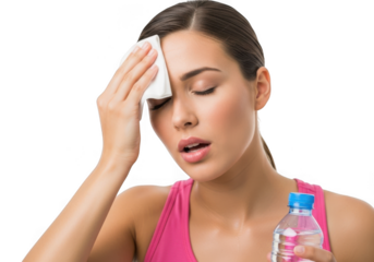 Woman wiping sweat holding water bottle isolated on transparent background