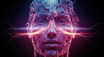 A detailed close-up of a human-like face intricately designed with mechanical parts, glowing lines emanating from eyes, and a dark background
