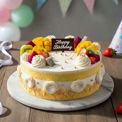 Fruit Topped Birthday Cake with Happy Birthday Sign