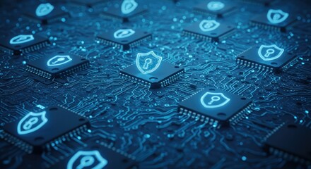 Abstract illustration of circuit boards with glowing security icons