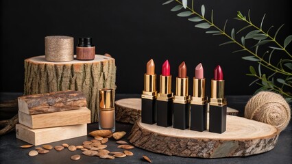 Lipsticks and cosmetics arrangement background imge for mock up design