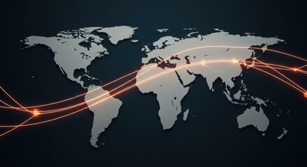A world map silhouetted in gray, with glowing orange lines connecting several points across continents, against a dark background