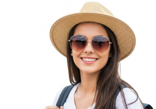Smiling woman with hat and sunglasses isolated on transparent background