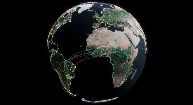 A digital rendering showcases Earth as a sphere, illuminated by city lights, connected by vibrant lines representing global networks