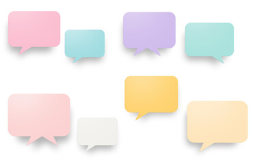 A collection of eight colorful pastel speech bubbles with soft shadows, set against a neutral background.