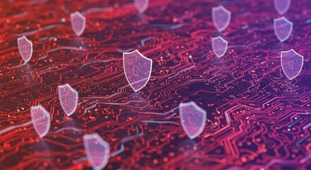 Futuristic rendering showing a close-up of an intricately designed red circuit board with translucent, glowing shields scattered over it