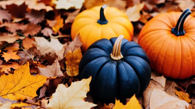 This captivating image showcases colorful pumpkins in vibrant hues nestled amidst fallen autumn leaves, capturing the essence of seasonal festivities and nature's beauty.