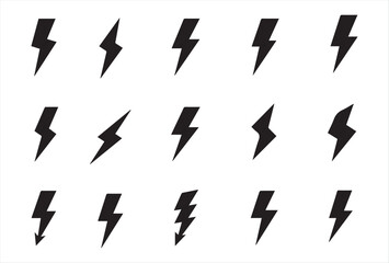 A collection of black lightning bolt vector icons in various shapes. This minimalist design is perfect for representing energy, electricity, speed, or power. Suitable for apps, logos, infographics, an