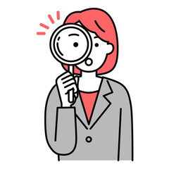 虫眼鏡を覗くスーツの女性