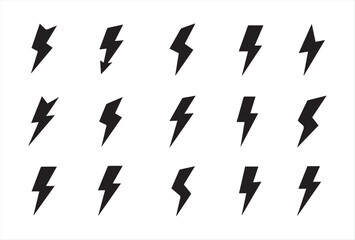 A collection of black lightning bolt vector icons in various shapes. This minimalist design is perfect for representing energy, electricity, speed, or power. Suitable for apps, logos, infographics, an