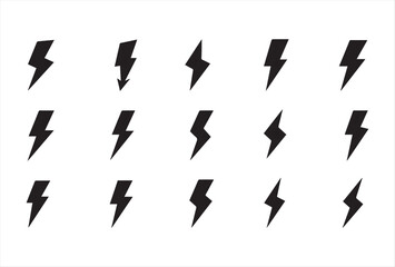A collection of black lightning bolt vector icons in various shapes. This minimalist design is perfect for representing energy, electricity, speed, or power. Suitable for apps, logos, infographics, an