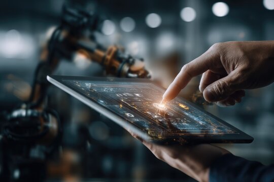 Hands interact with tablet, robotic arm in background