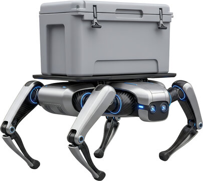 Futuristic quadrupedal robot carrying a large storage container advanced technology AI innovation isolate
