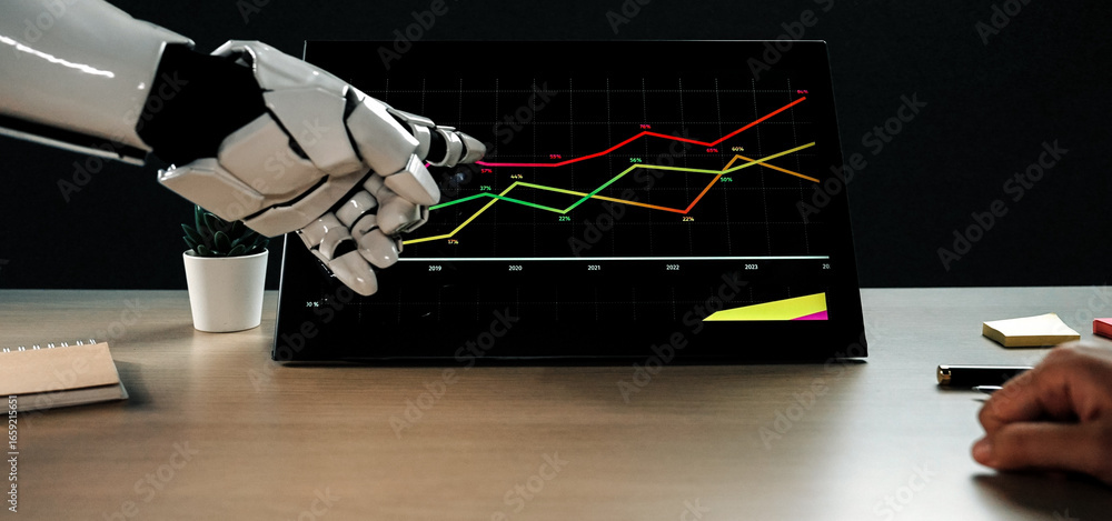 Aufkleber a robotic hand interacts with a touchscreen displaying financial data, showcasing growth trends in a