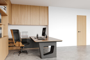 Modern Office with Wooden Cabinets, Door, and Executive Desk – Transparent PNG Cut Out with Shadow