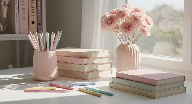 A desk setting with books flowers in a vase and writing implements
