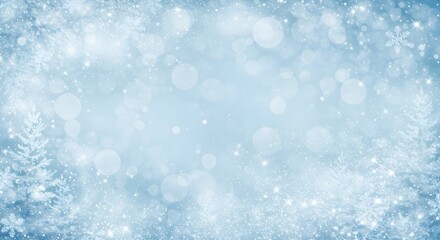 A light blue backdrop adorned with snowflakes starlike sparkles soft bokeh and outlines of winter trees