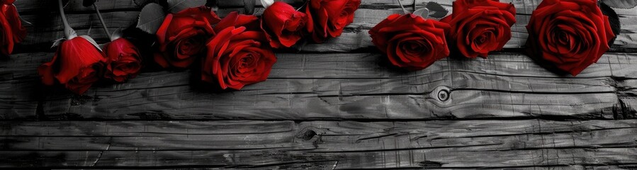 Red roses on wooden background, black and white photography, Valentine's Day theme, banner design, high resolution, professional photograph, studio lighting