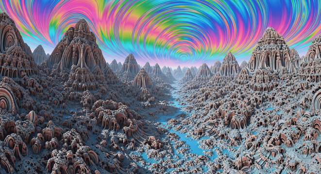 A surreal alien landscape with intricate mountain temples under a swirling psychedelic rainbow sky.
