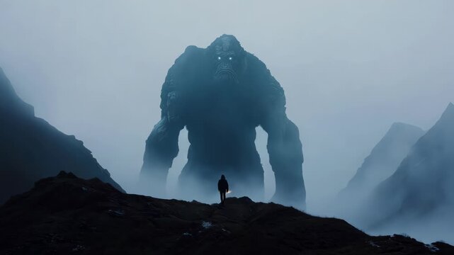 A colossal figure stands in the fog, creating a striking contrast with a tiny silhouette at its feet. This scene evokes mystery and wonder in a captivating landscape.