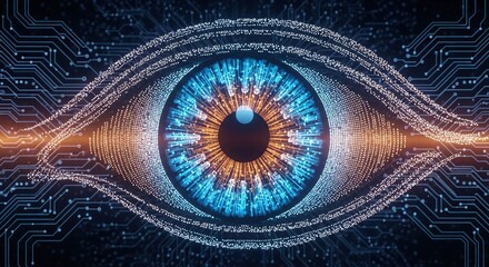Digital eye with blue iris and orange accents on circuit board background