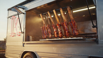 BBQ ribs food truck, meat glazed with sauce, grilled to perfection Background. Ai generated.