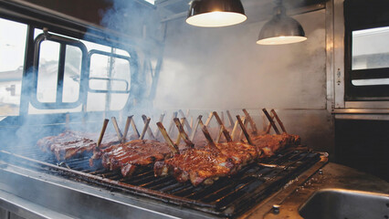 BBQ ribs food truck, meat glazed with sauce, grilled to perfection Background. Ai generated.