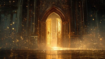 Golden archway doorway opens to a mystical, glittering realm
