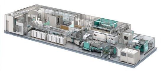 Overview of a complex manufacturing facility with automated machinery and storage solutions presented in detail