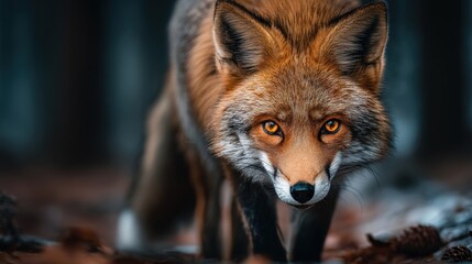 Obraz premium Close-Up Red Fox Walking in Wintry Forest with Intense Gaze