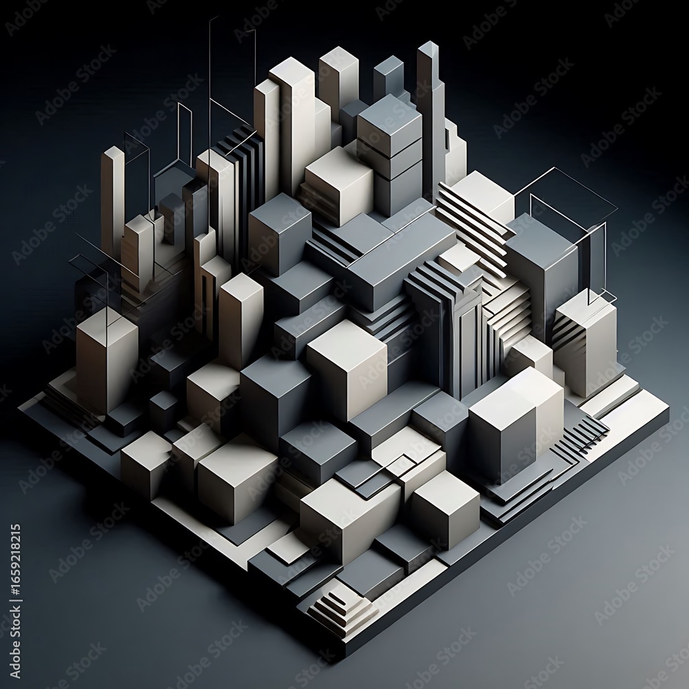 Poster modern abstract geometric cityscape with minimalist 3d blocks and sharp lines