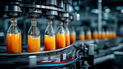 Automated Beverage Bottling Line Filling Orange Juice Into Glass Bottles