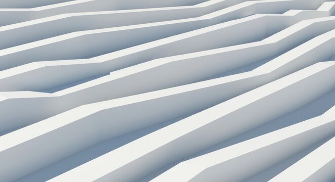 Angled view of staggered white, horizontal geometric shapes creating abstract waves