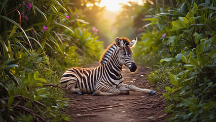 Beautiful baby zebra sitting on the ground captured in the African jungle Background. Ai generated.