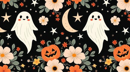 Seamless halloween pattern with cute ghosts, pumpkins, flowers and leaves on dark background