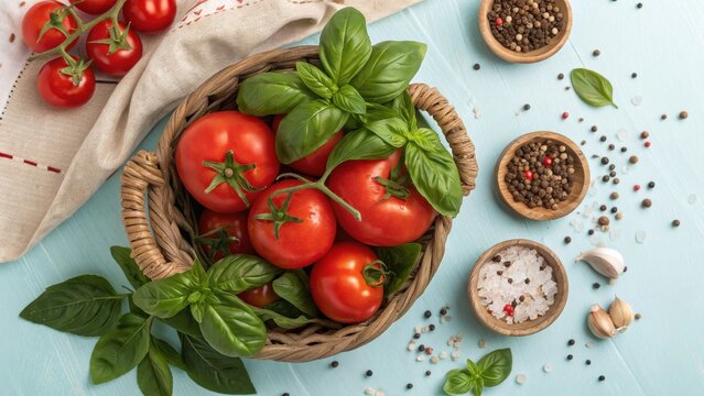 Fresh tomatoes with basil and spices background imge for mock up design